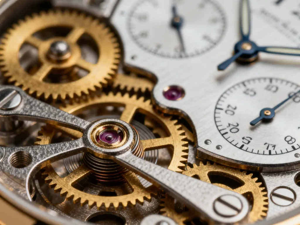 Zbliżenie na precyzyjny mechanizm zegarka z widocznymi złotymi kołami zębatymi i balansem w tle tarczy chronografu.