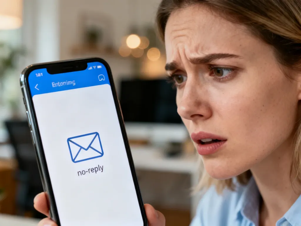 Zdezorientowana kobieta patrzy na ekran smartfona z powiadomieniem o wiadomości e-mail od nadawcy typu „no-reply”.