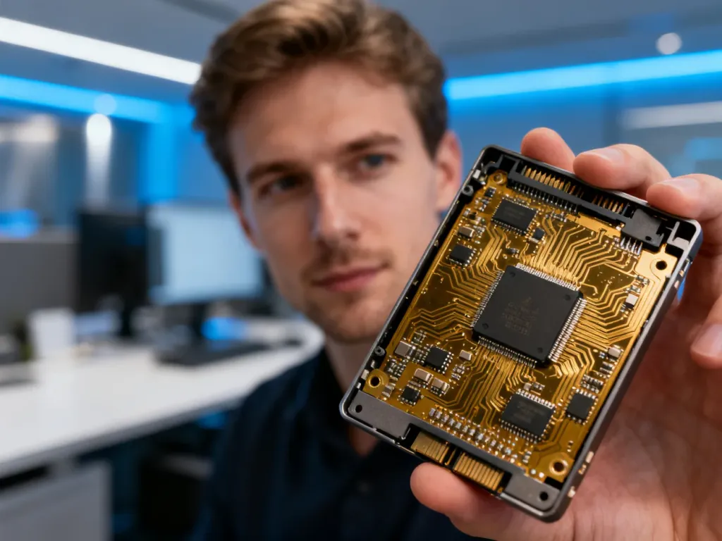 Zbliżenie na podzespoły dysku SSD trzymanego w dłoni, ukazujące precyzyjne układy scalone i złotą elektronikę.