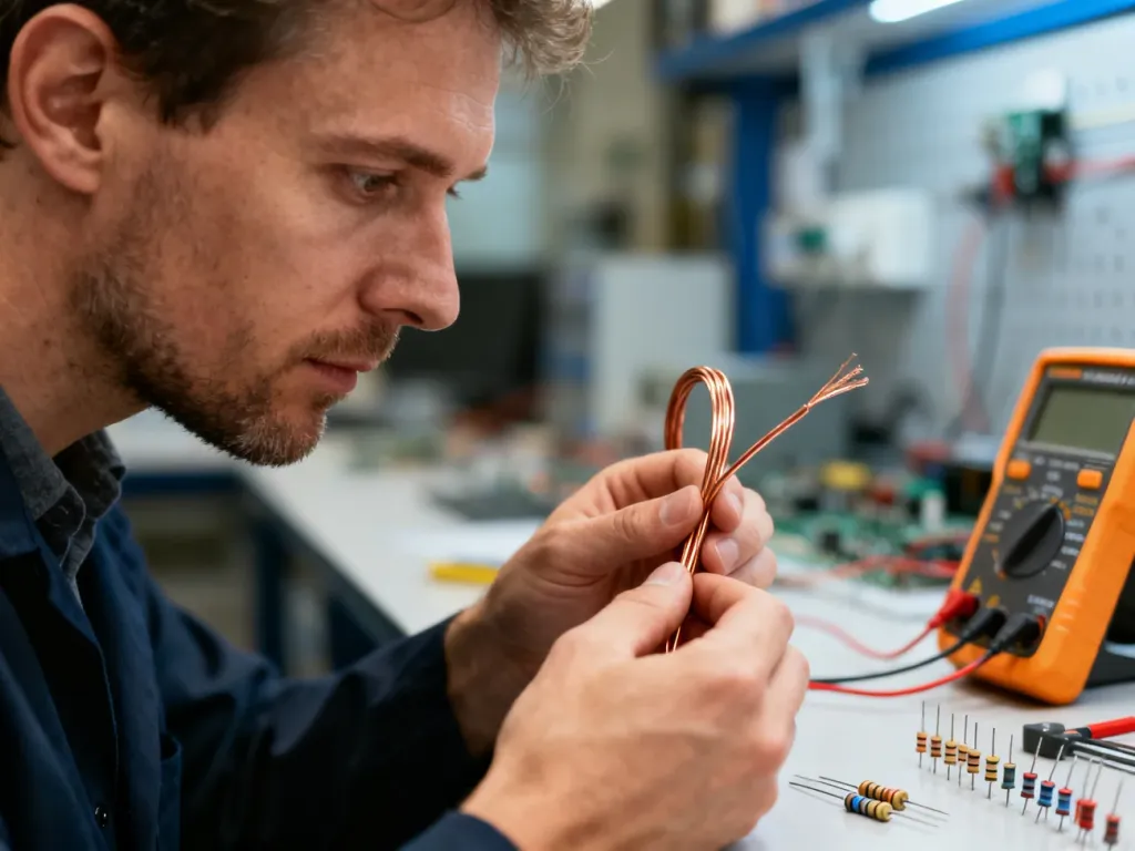 Mężczyzna trzymający miedziany przewód elektryczny w profesjonalnym laboratorium elektroniki.