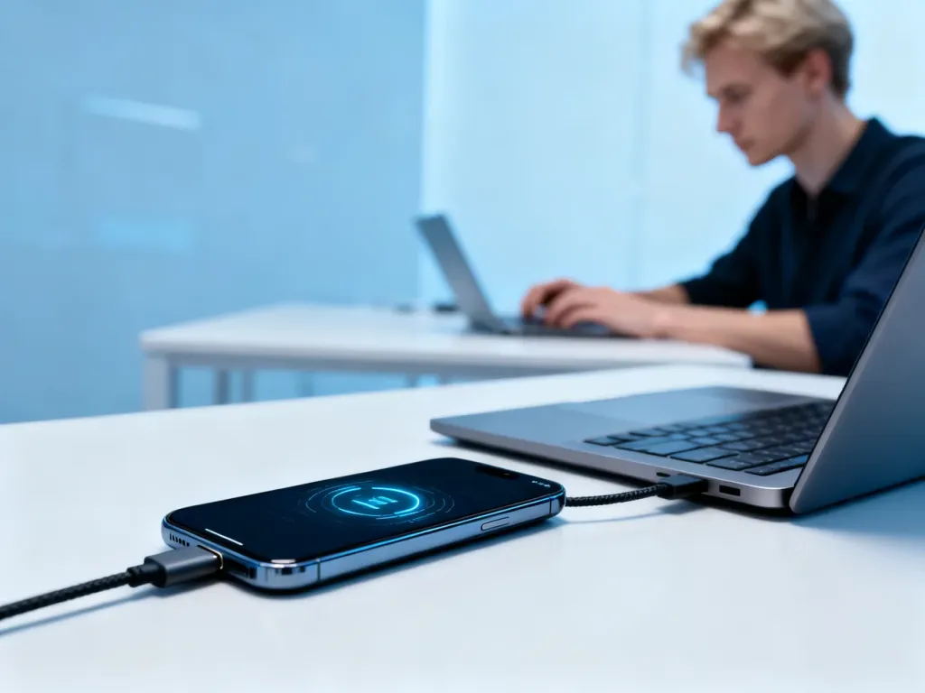 Smartfon podłączony kablem USB-C do laptopa, symbolizujący proces łączenia urządzenia z komputerem w trybie Fastboot.