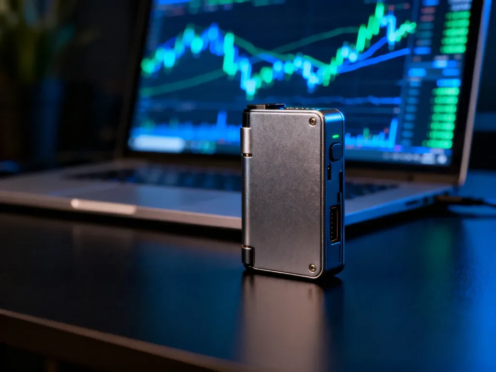 Portfel sprzętowy do kryptowalut leżący na biurku na tle ekranu z wykresami finansowymi.