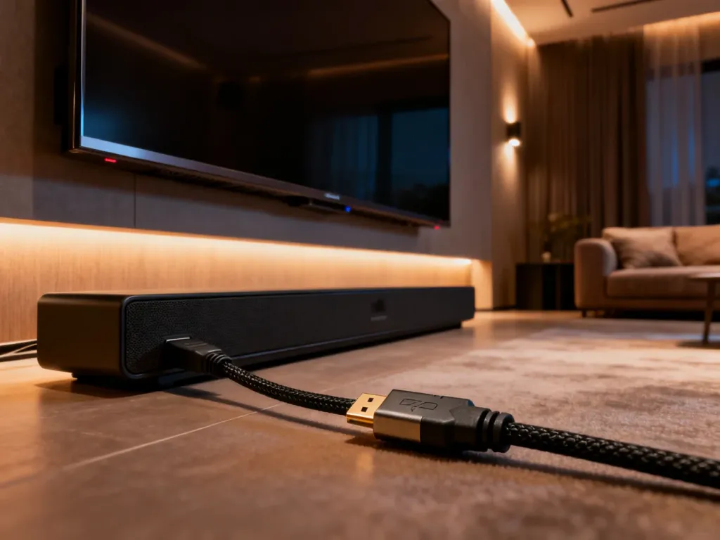 Nowoczesny soundbar połączony z telewizorem za pomocą kabla HDMI w przytulnym salonie typu kino domowe.