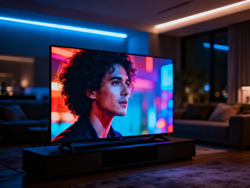 Nowoczesny telewizor 4K w przyciemnionym salonie, prezentujący obraz HDR o wysokim kontraście i żywych kolorach.