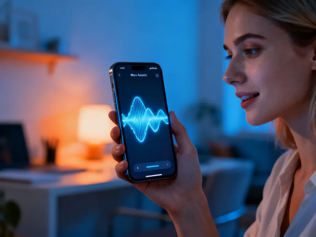 Kobieta trzymająca nowoczesny smartfon z wyświetlonym interfejsem asystenta głosowego Bixby w przytulnym biurze.