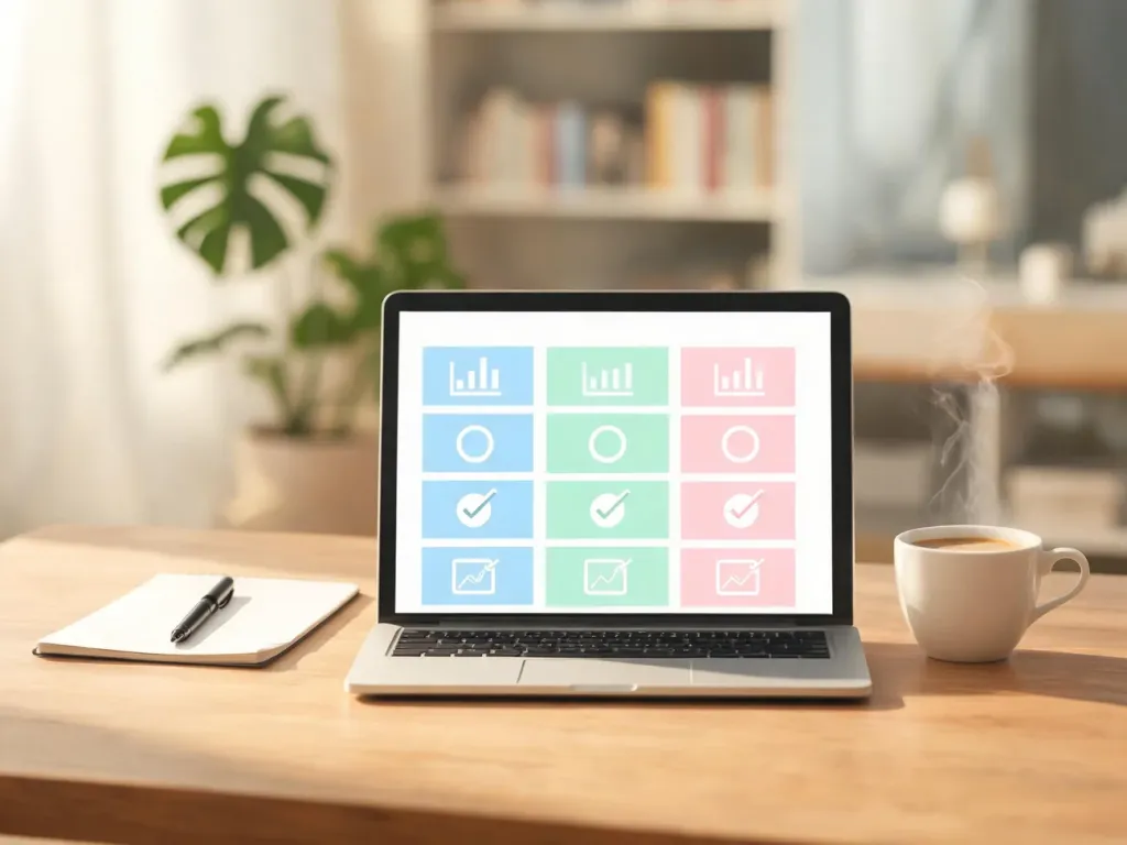 Laptop z kolorową tabelą porównawczą ubezpieczeń na życie na biurku obok notatnika i kawy w jasnym, domowym wnętrzu.