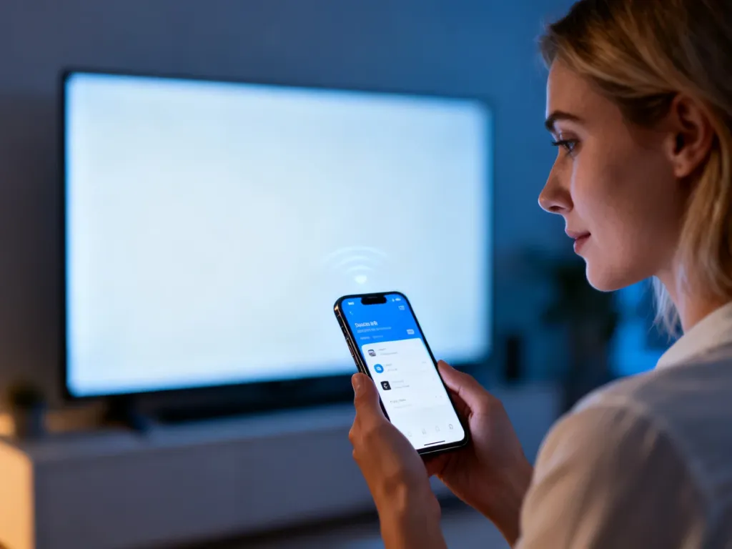 Kobieta przesyła bezprzewodowo obraz ze smartfona na ekran telewizora za pomocą funkcji AirPlay w nowoczesnym salonie.