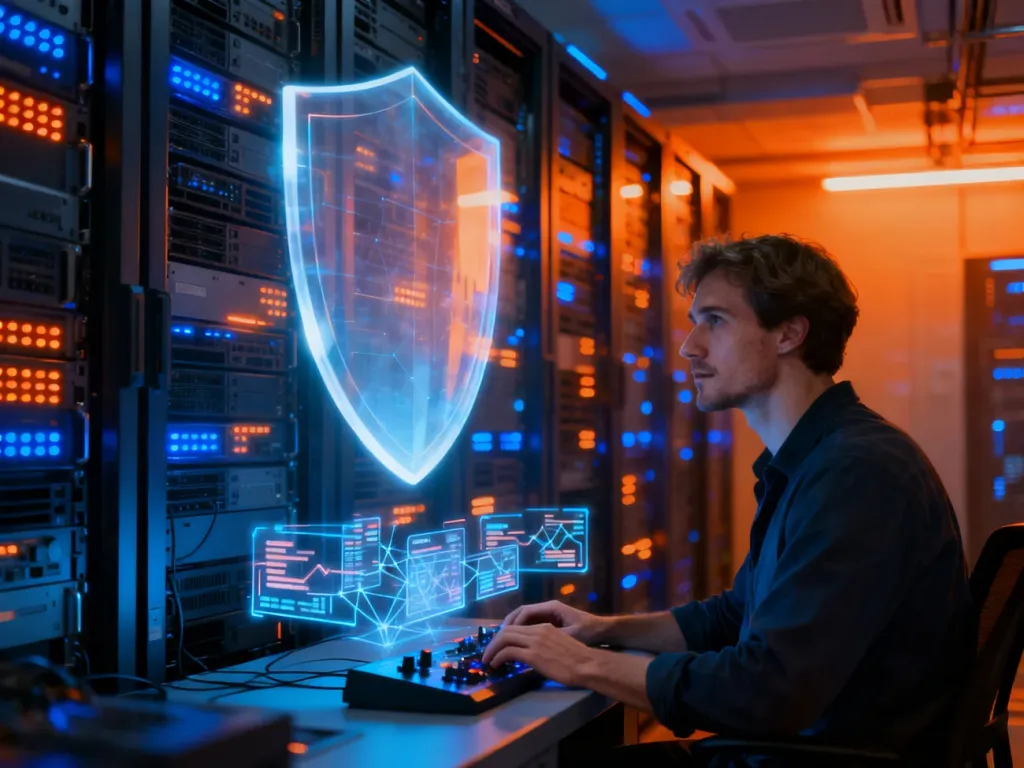 Specjalista monitorujący dane sieciowe przed cyfrową tarczą chroniącą serwerownię, symbolizującą działanie firewalla.
