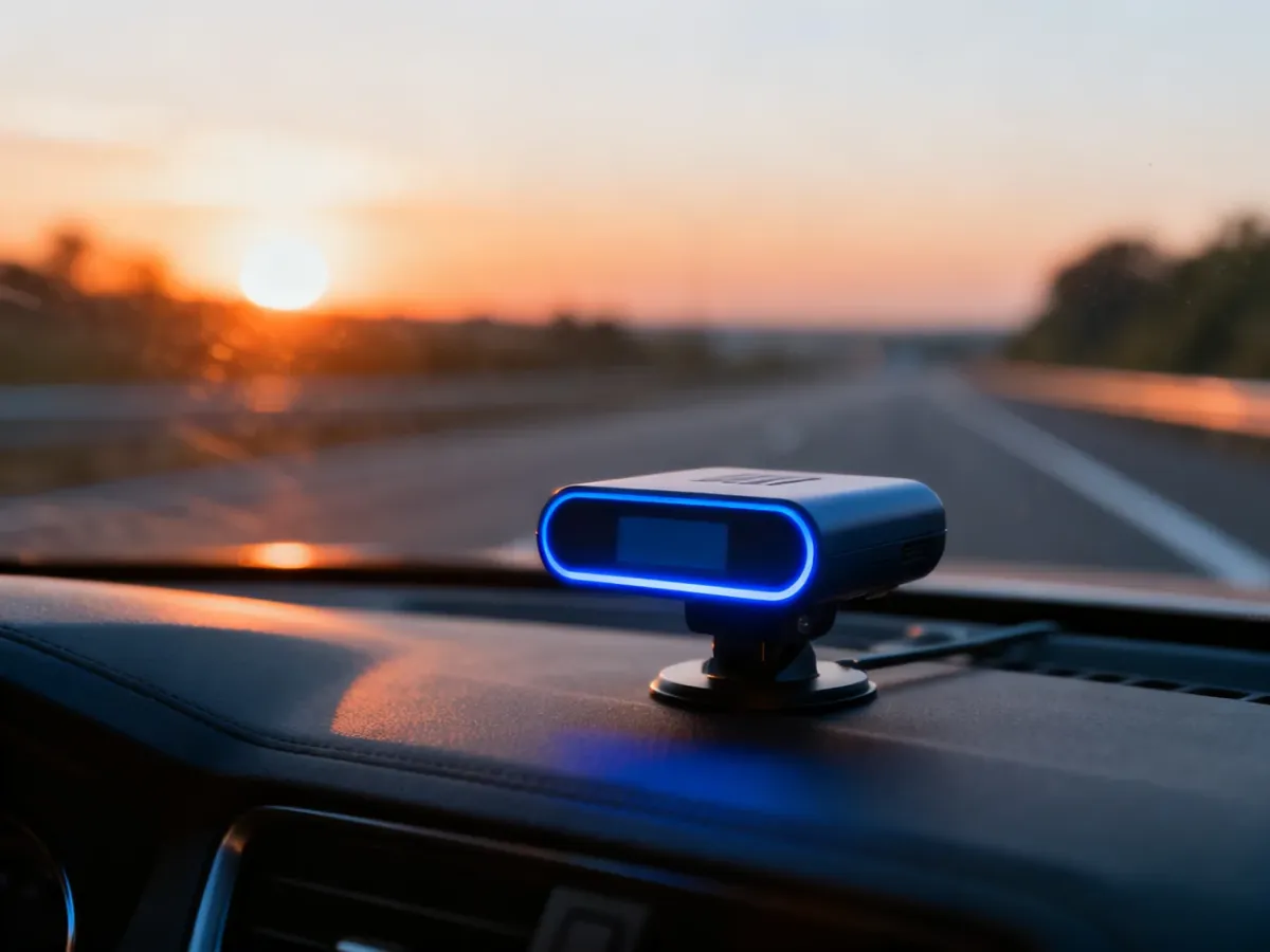 Urządzenie telematyczne PZU GO zamontowane na desce rozdzielczej samochodu z widokiem na autostradę w tle.