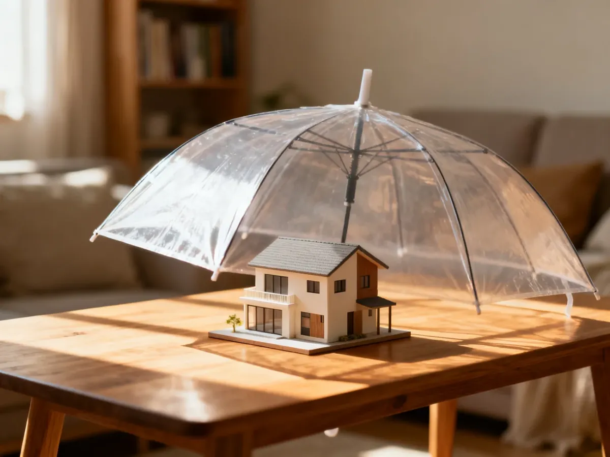 Parasol ochronny nad modelem domu symbolizujący bezpieczeństwo finansowe rodziny zapewniane przez ubezpieczenie na życie.