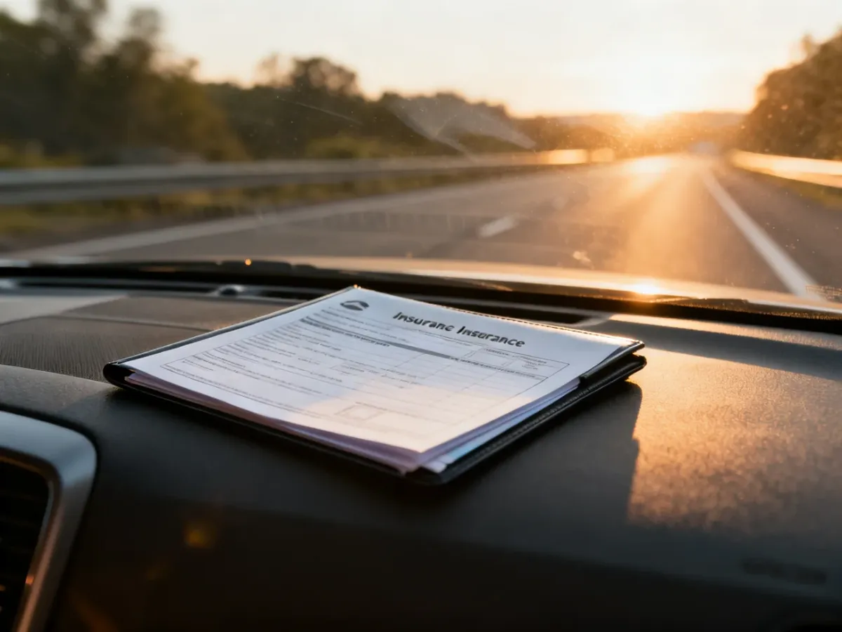 Teczka z dokumentami ubezpieczeniowymi na desce rozdzielczej samochodu z widokiem na autostradę w tle.