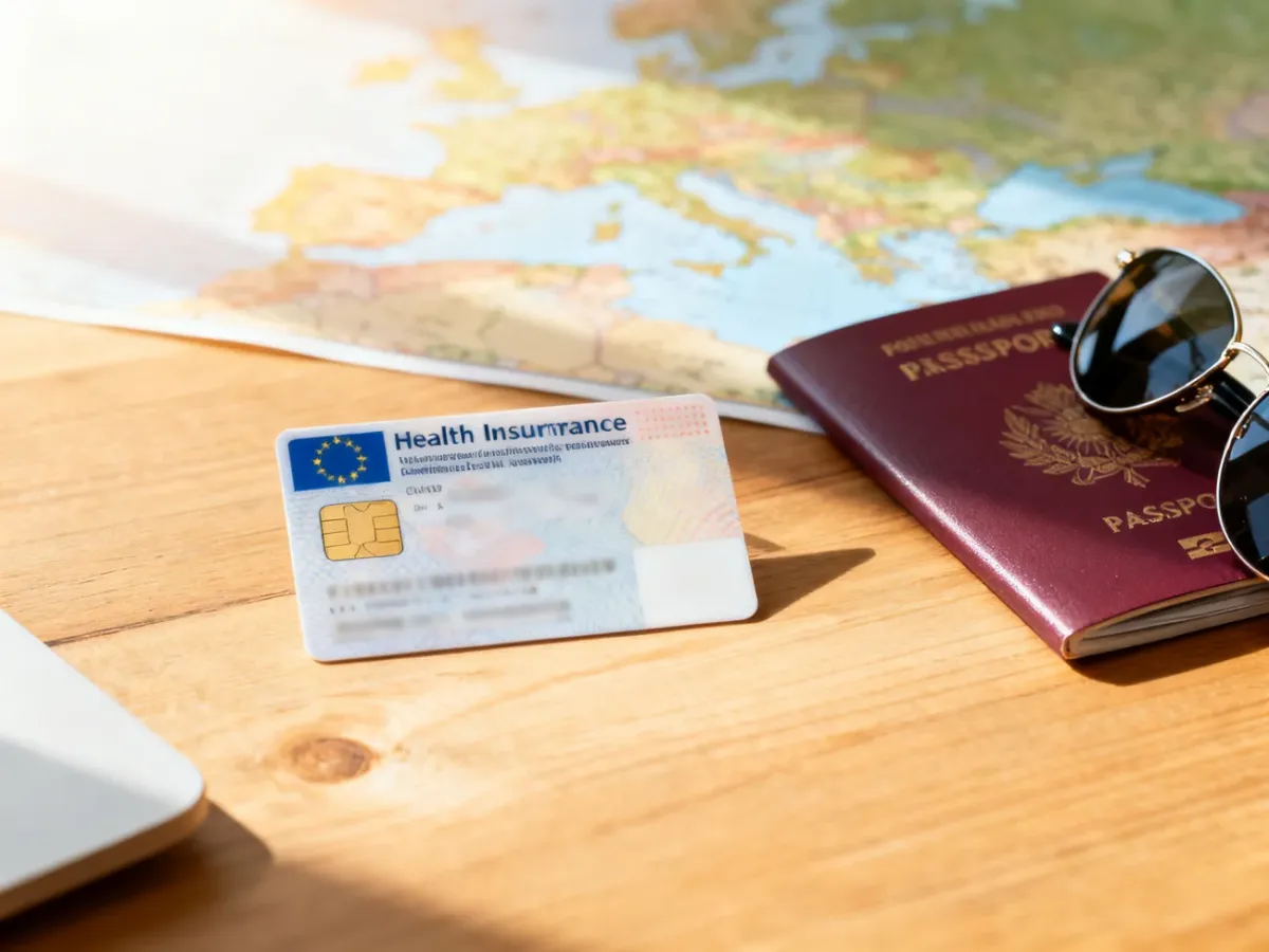 Karta EKUZ, paszport i okulary przeciwsłoneczne na tle mapy Europy, symbolizujące przygotowanie do bezpiecznej podróży.