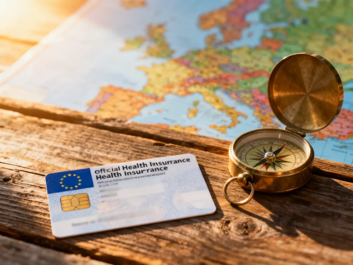 Europejska Karta Ubezpieczenia Zdrowotnego leżąca na drewnianym stole obok kompasu i mapy Europy.